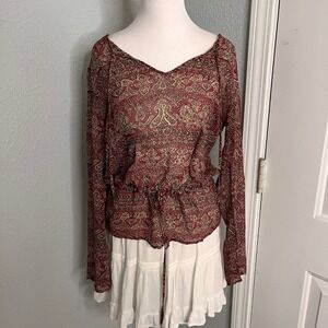 I.N.C Paisley Blouse Sheer Long Sleeve Cinched Waist Bohemian Top SIZE 6